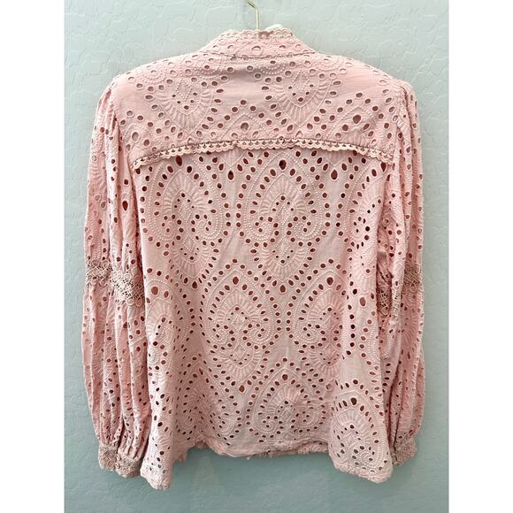 BOSTON PROPER | Blush Pink Embroidered Eyelet Button Front Blouse | Medium - Picture 5 of 6